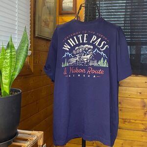 ALASKA White Pass Yukon Route Train Graphic T Shirt Navy Blue Size L Cotton